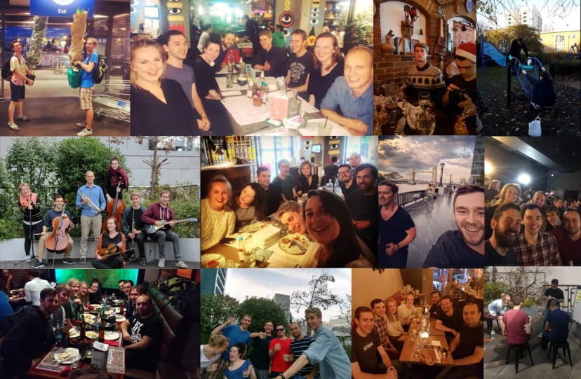 Collage of team celebration photos showing groups dining at restaurants, socializing outdoors, and gathering for Encore's 3rd birthday festivities