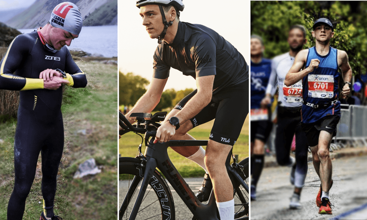 Three-panel collage showing triathlon disciplines: swimmer in wetsuit by lake, cyclist on time trial bike, and runner with race bib number 6701