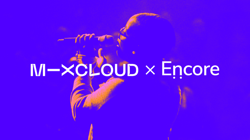 Stylized duotone image of a DJ performing with turntables overlaid with "MIXCLOUD × Encore" text on purple background