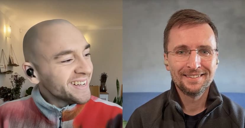 Split-screen video call showing two men smiling - one bald man with earbuds on left, bearded man with glasses on right