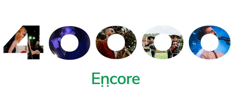 Encore logo with circular images showing musicians performing - singer with microphone, pianist, saxophonist, and mariachi band