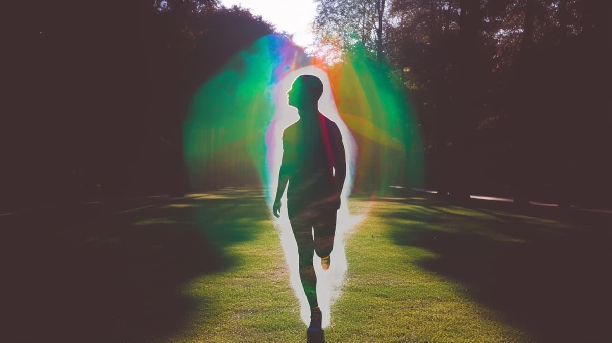 Runner silhouetted against bright sunlight creating rainbow light effects through trees in a park setting