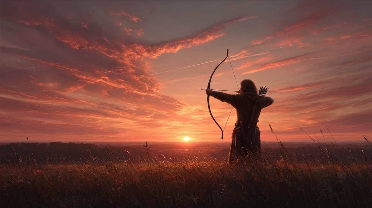 Archer drawing bow in grassy field at sunset with dramatic orange and pink sky stretching across horizon